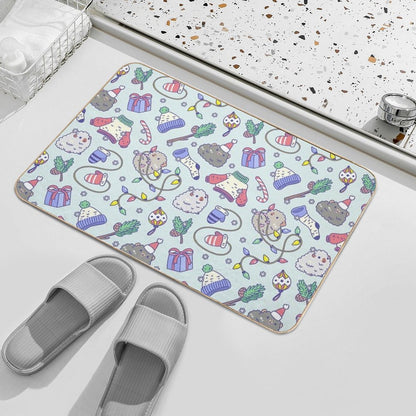 Teddy Guinea Pigs Christmas Patten in Mint Green Background  Absorbent Bath Mat