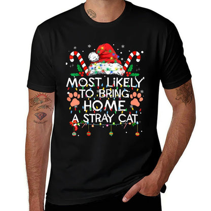 Most Likely To Bring Home A Stray Cat Matching Christmas PJ  Ribbed Collar T-Shirt