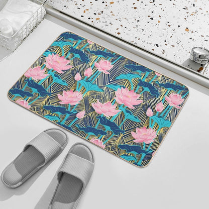 Art Deco Lotus Flowers in Pink & Navy  High-Traffic Bath Mat