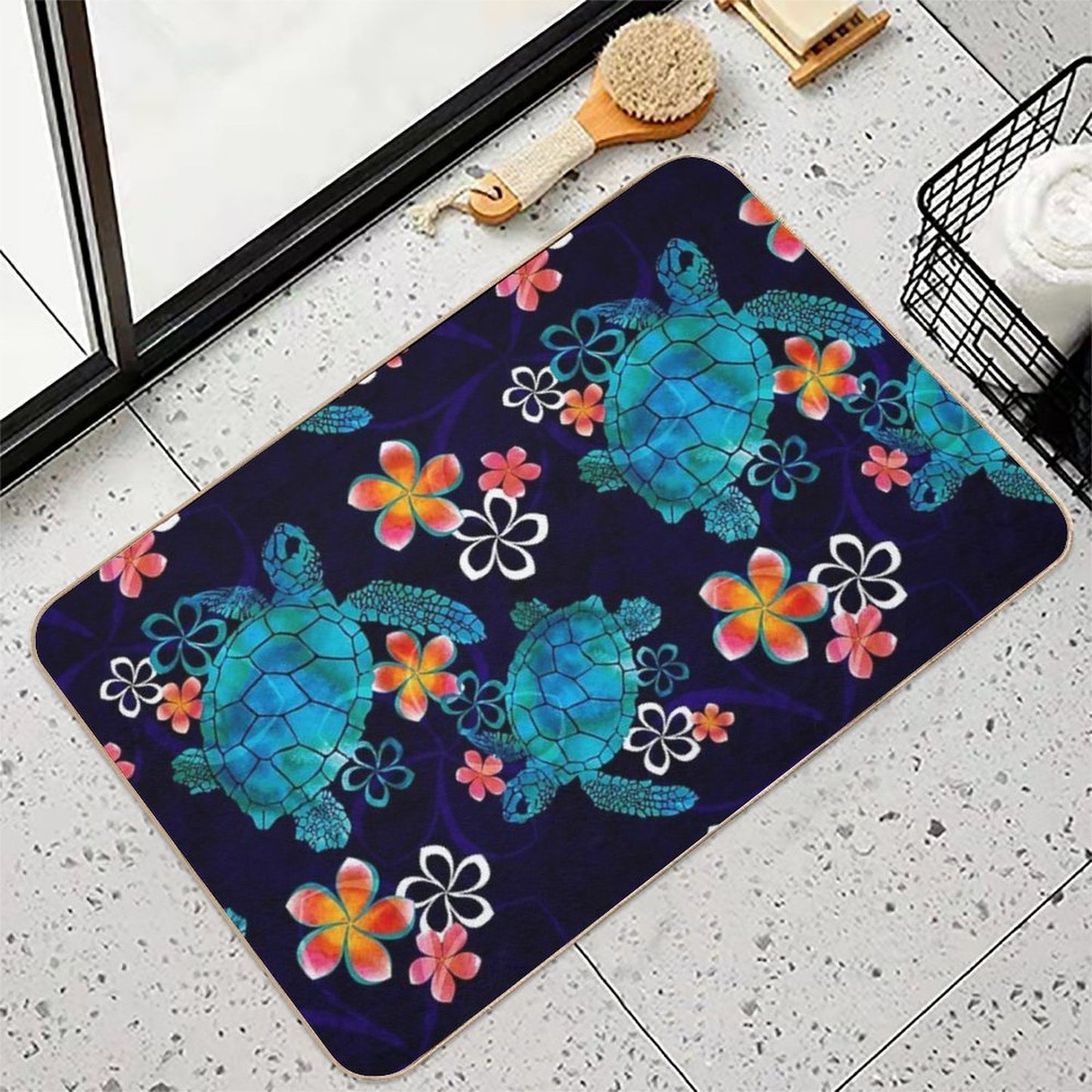 Sea Turtle with Flowers  Long-Lasting Bath Mat