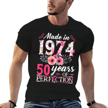 50 Year Old Made In 1974 Floral Flower 50th Birthday Womens  Cotton T-Shirt