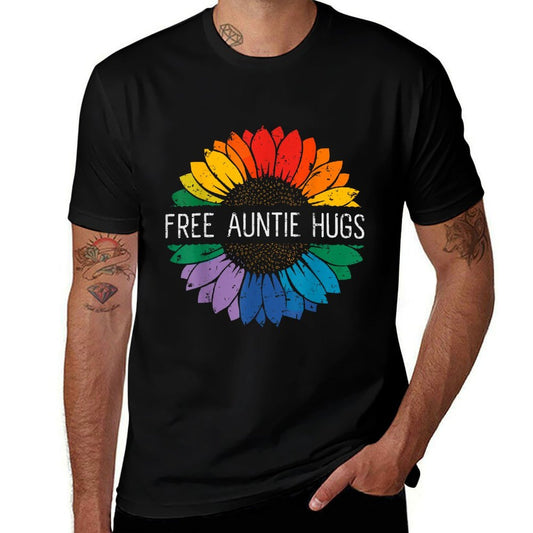 Free Auntie Hugs, LGBT Gay Lesbian Pride Month Rainbow  Wrinkle-resistant T-Shirt