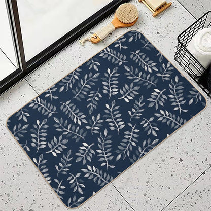 White Leaves on Navy - A Hand Painted Pattern  Toxin-Free Bath Mat