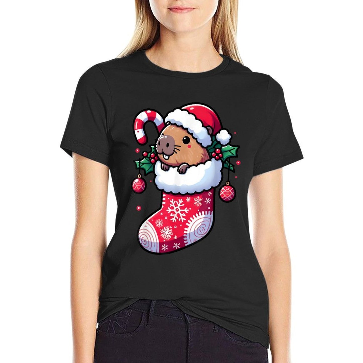 Cute Capybara Wearing Santa Hat in Christmas Stocking Pajama  Rolled Sleeves T-Shirt