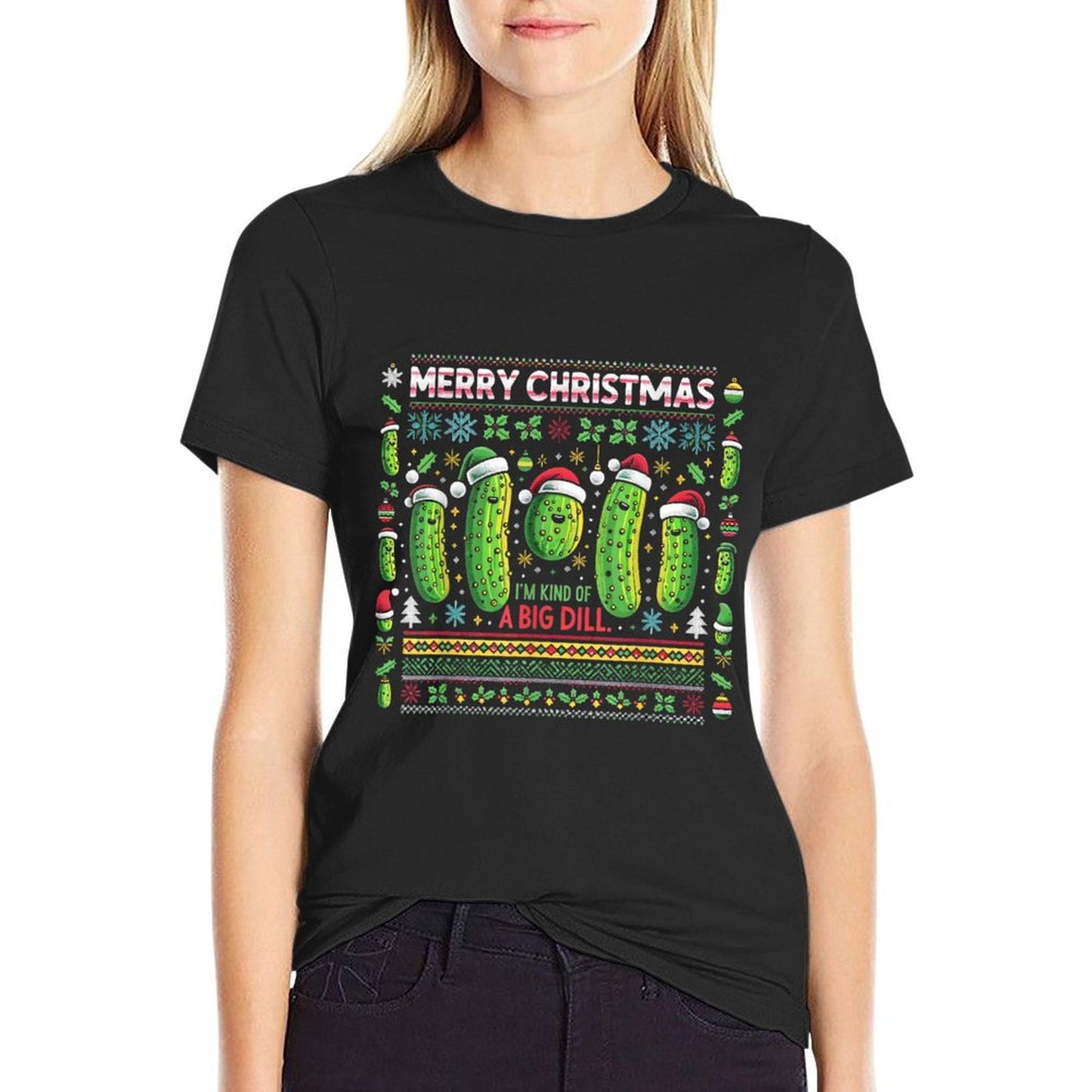 Merry Christmas Ugly Christmas Sweater Big Dill Pickle Funny  Fade-proof Color T-Shirt
