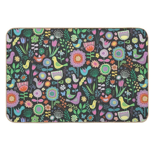 Birds And Blooms - Pastels on Black - Pretty Floral Bird Pattern by Cecca Designs  Slip-Resistant Bath Mat