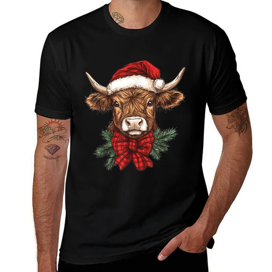 Highland Cow Christmas Santa Hat Mooey Xmas Heifer Pajamas  Graphic-printed T-Shirt