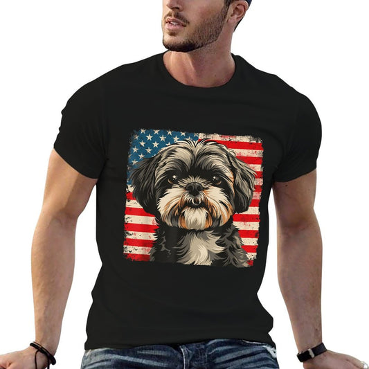 Shih Tzu Dog Art USA July 4th Women Men Kids  Easy-care T-Shirt