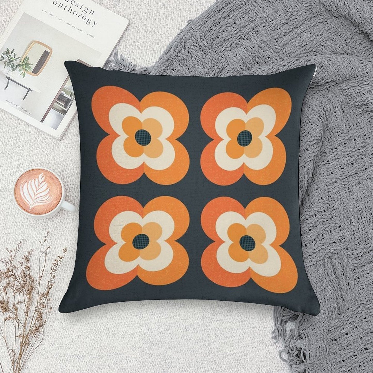 Retro Flowers - Orange And Charcoal Soft Bedroom Essential Throw Pillow