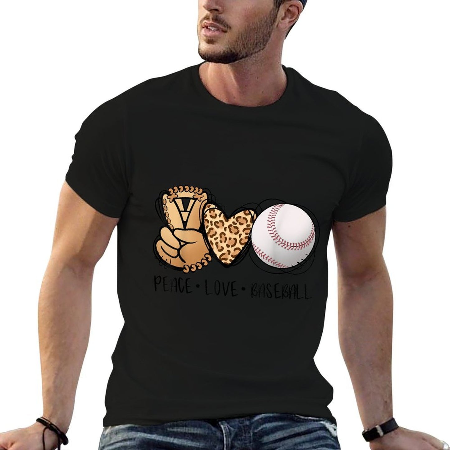 Peace Love Baseball Mom Leopard Print Cheetah Pattern  Relaxed-fit T-Shirt