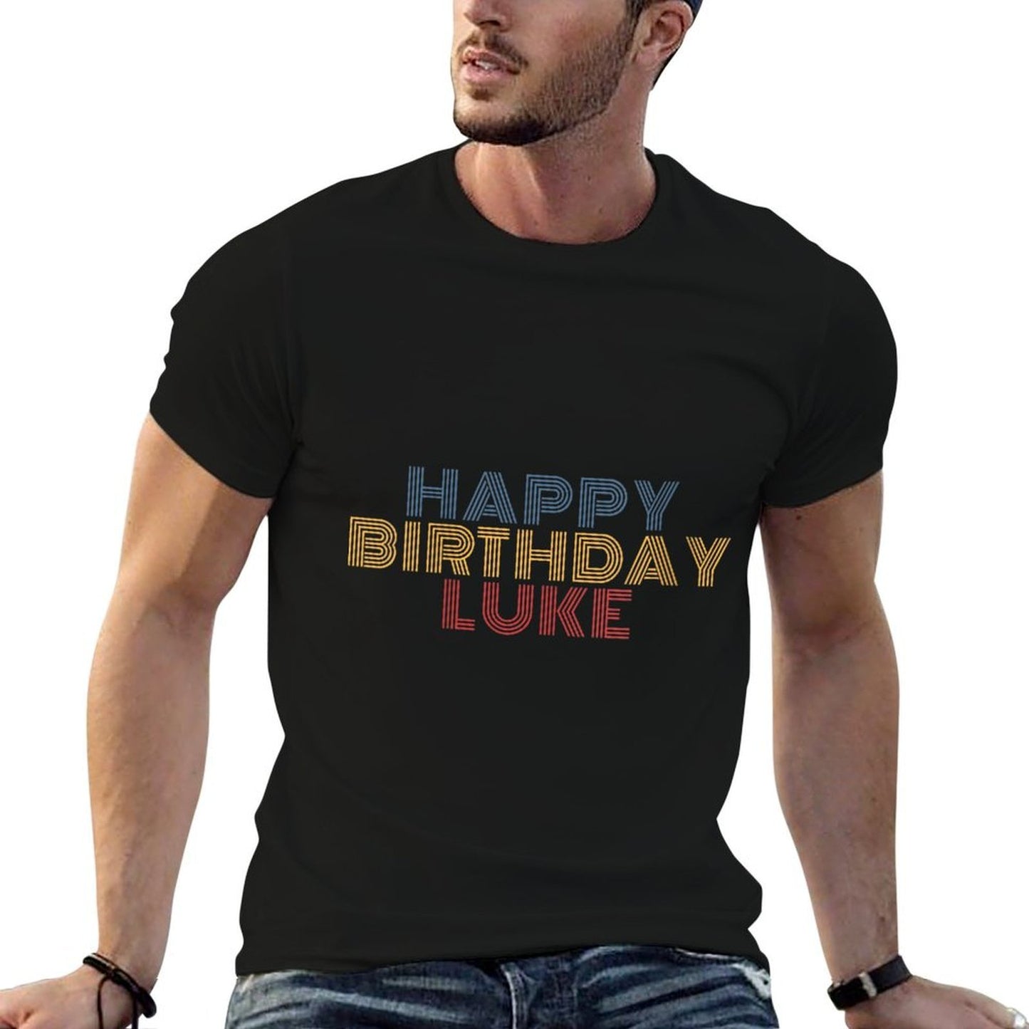 Womens Happy Birthday Luke Personalized Name Retro Typography  Cotton T-Shirt