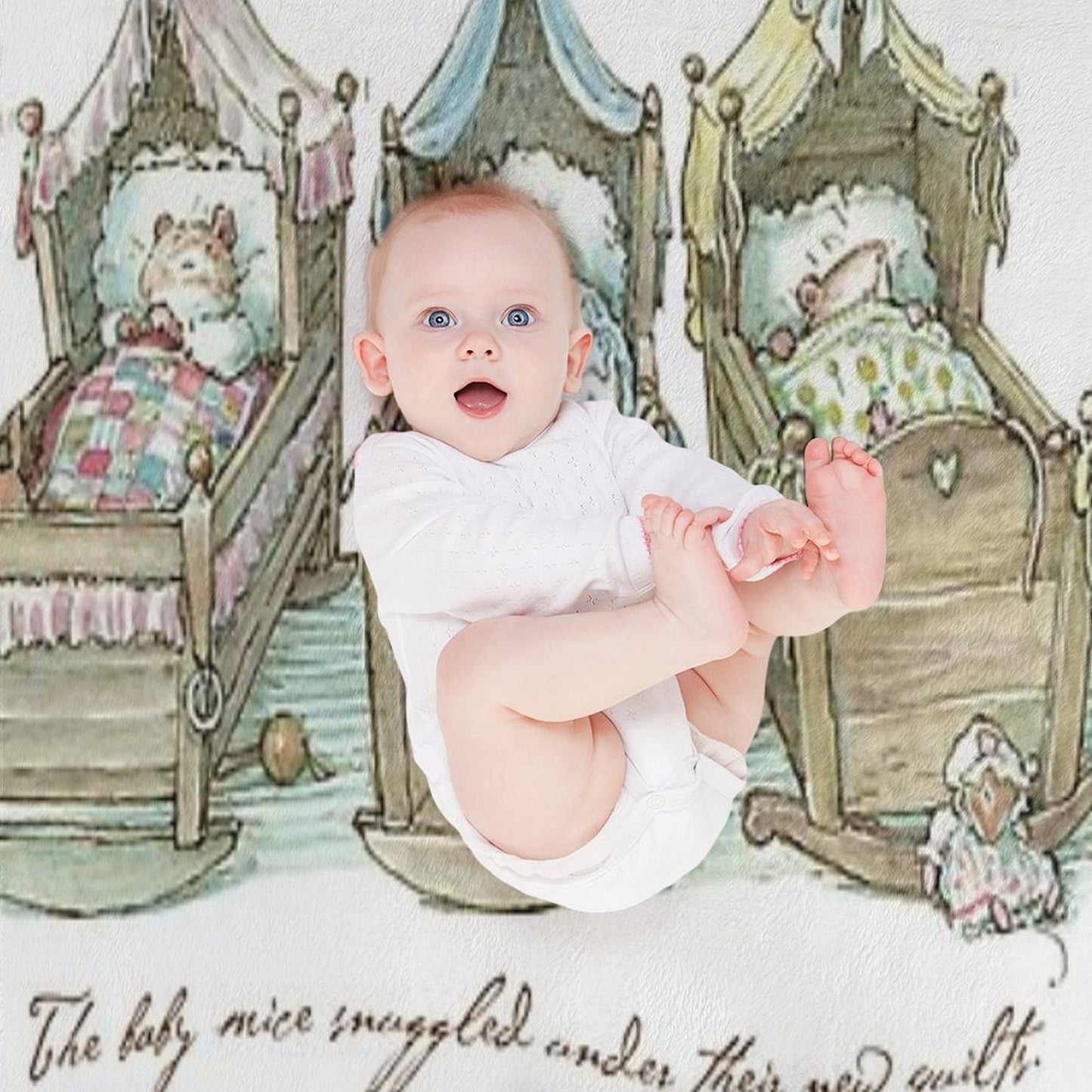 The Brambly Hedge Baby Mice Snuggle in Their Cots Sustainable Throw Blanket