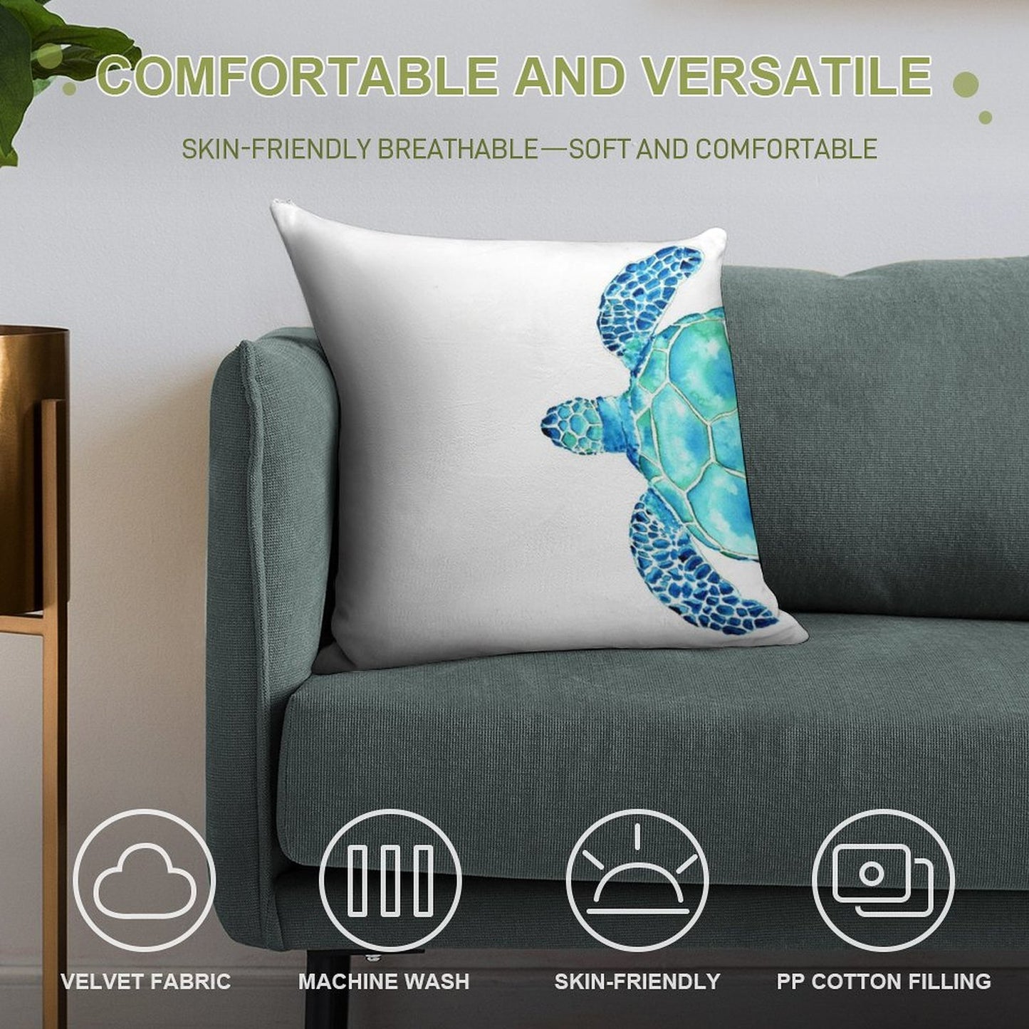 Coastal. Sea Turtle. Watercolor Painting. Soft Fade-Resistant Throw Pillow