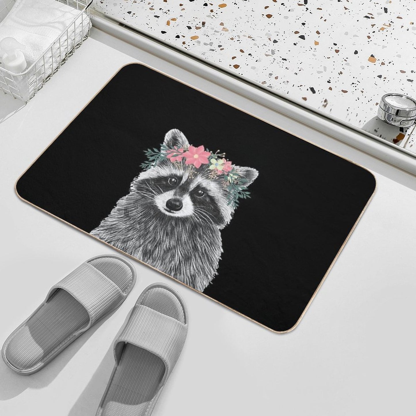 Raccoon Floral Crown Flowers Funny Cute Animal Raccoon Gift  Stain-Proof Bath Mat
