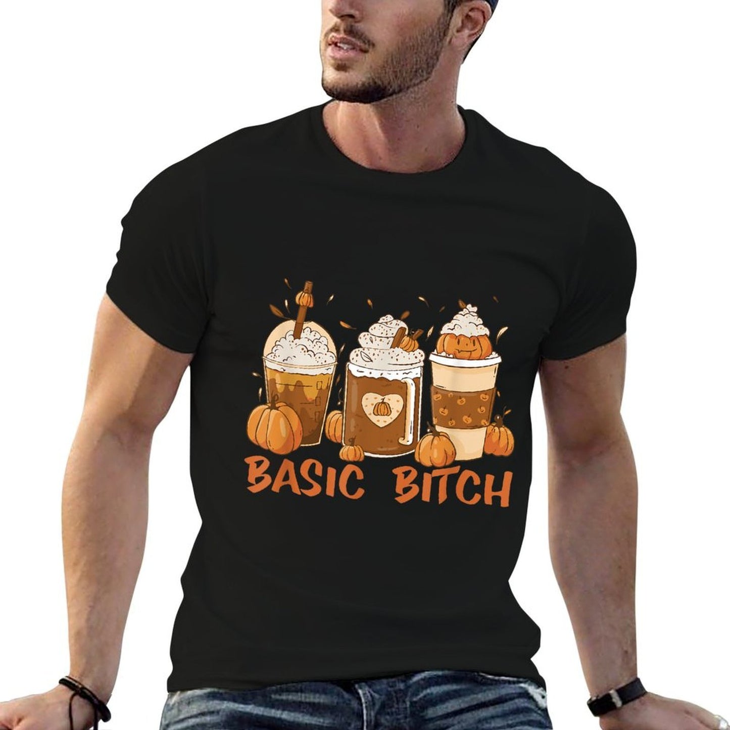 BASIC BITCH Funny Pumpkin Spice Halloween Coffee Fall Meme  Heathered Texture T-Shirt
