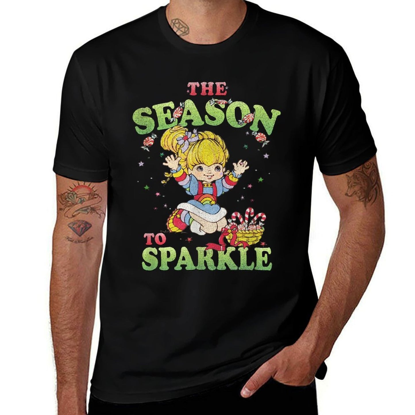 Rainbow Brite Christmas The Season To Sparkle Candy Portrait  Ribbed Collar T-Shirt