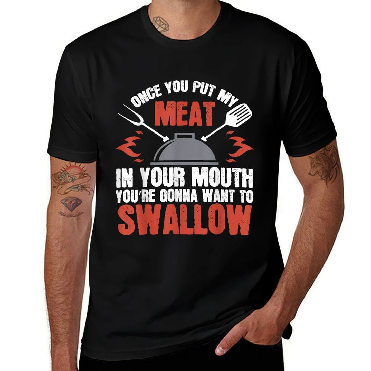 Dirty Adult Gift  Meat in Your Mouth  BBQ Joke  Oversized Silhouette T-Shirt