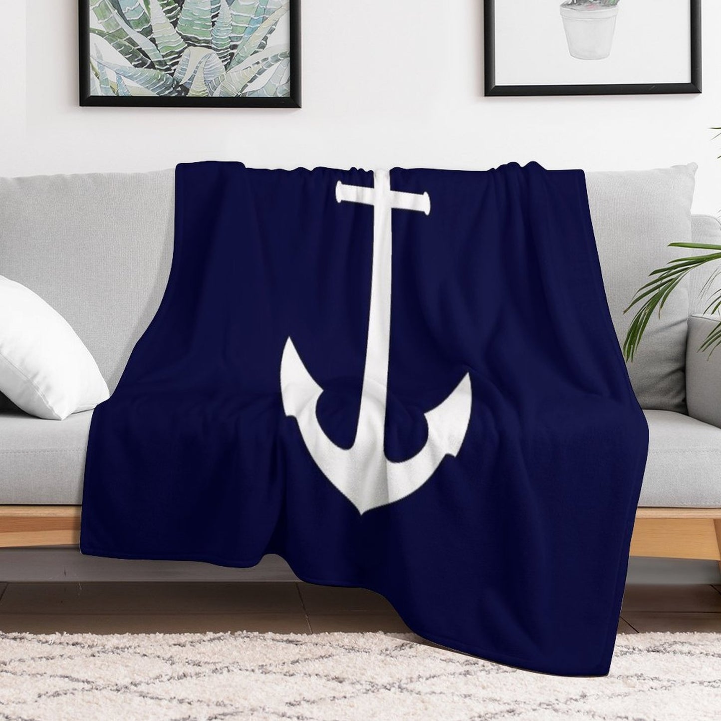 White Anchor On Navy Blue Shrink-resistant Throw Blanket