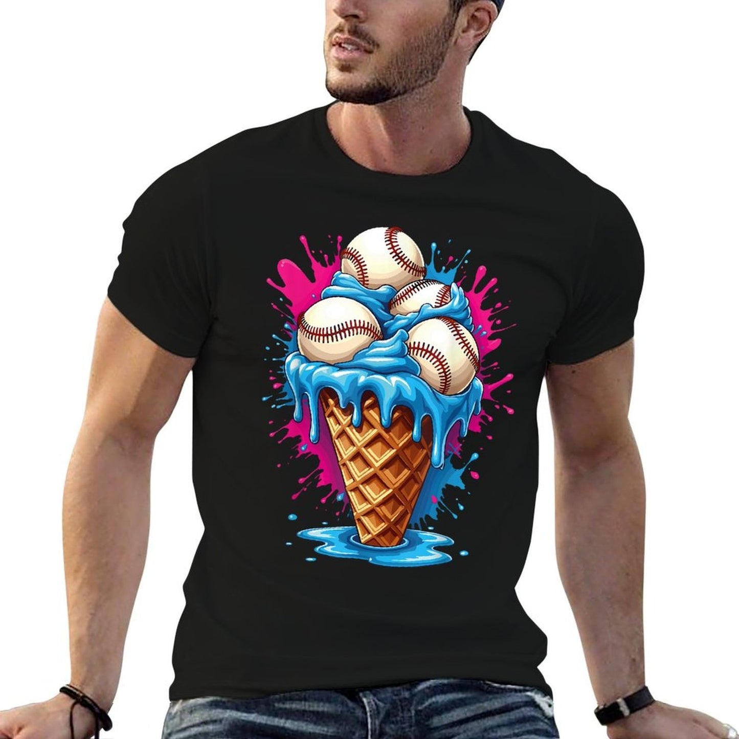 Baseball Ice Cream Funny Ice Cream Baseball Drip Watercolor  Ribbed Collar T-Shirt