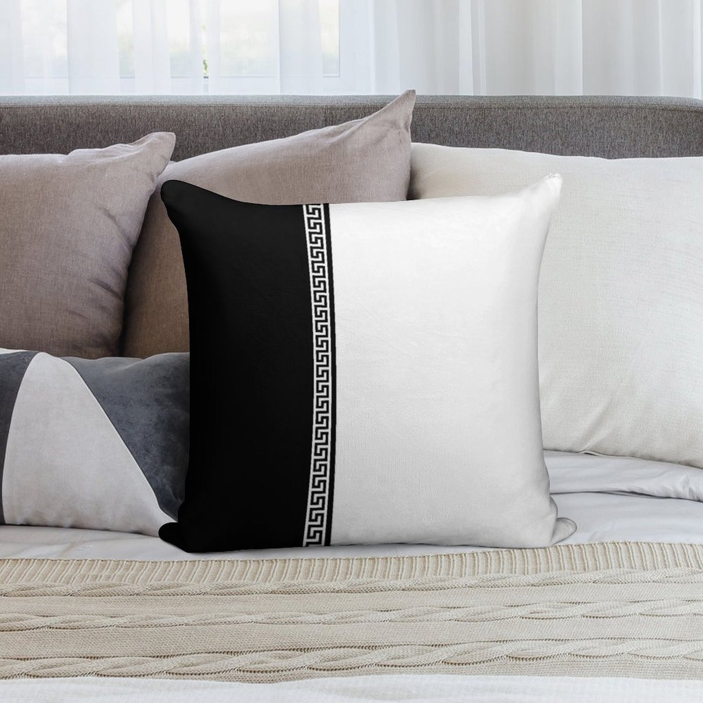 Greek Key Verticle - Black And White Soft Luxury Feel Throw Pillow