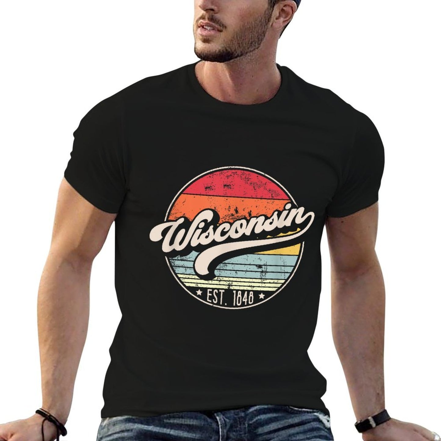 Retro Wisconsin Home State WI Cool 70s Style Sunset  Cotton T-Shirt