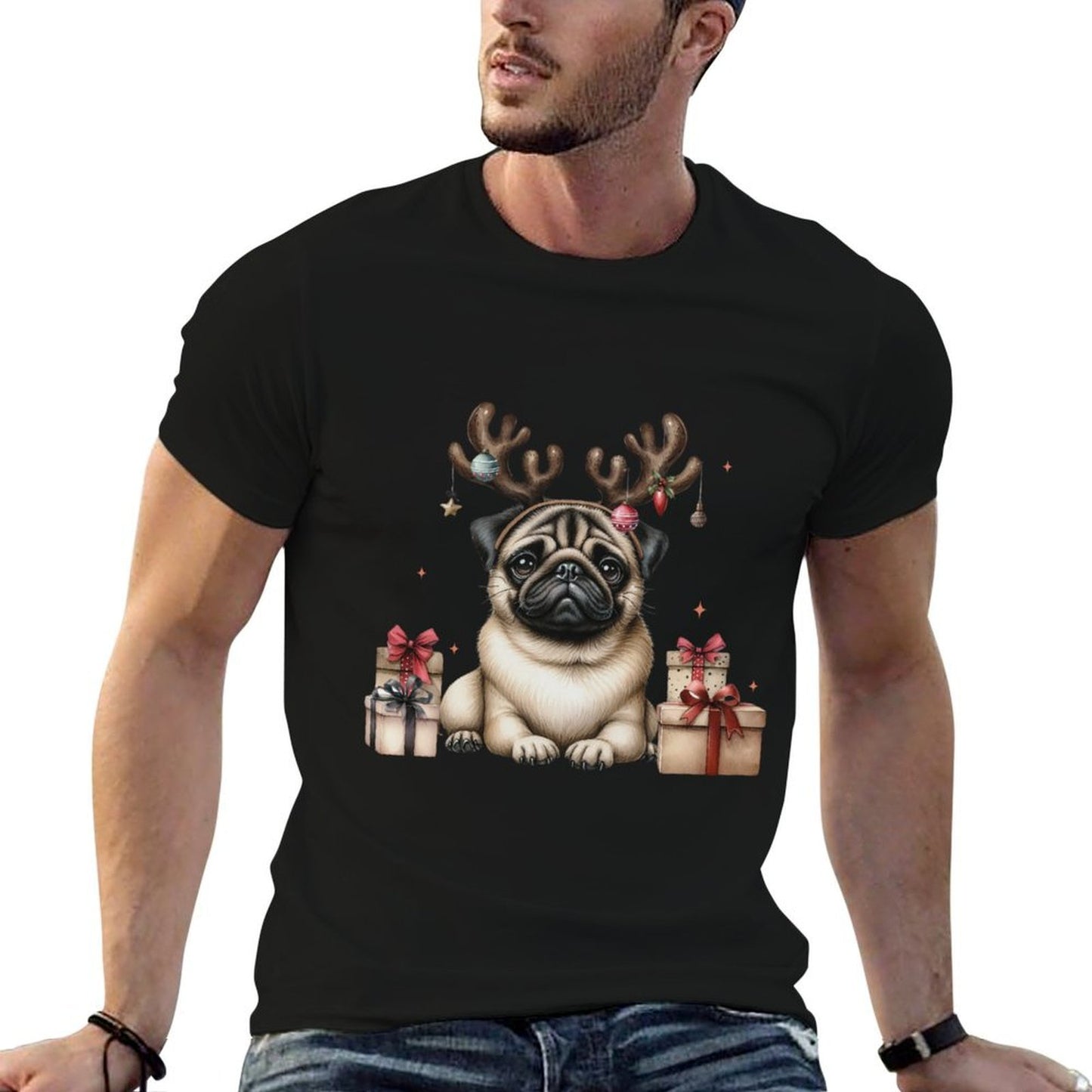 Pug Santa Christmas Tree Lights Xmas Boys Men Dogmas Dog  Relaxed-fit T-Shirt