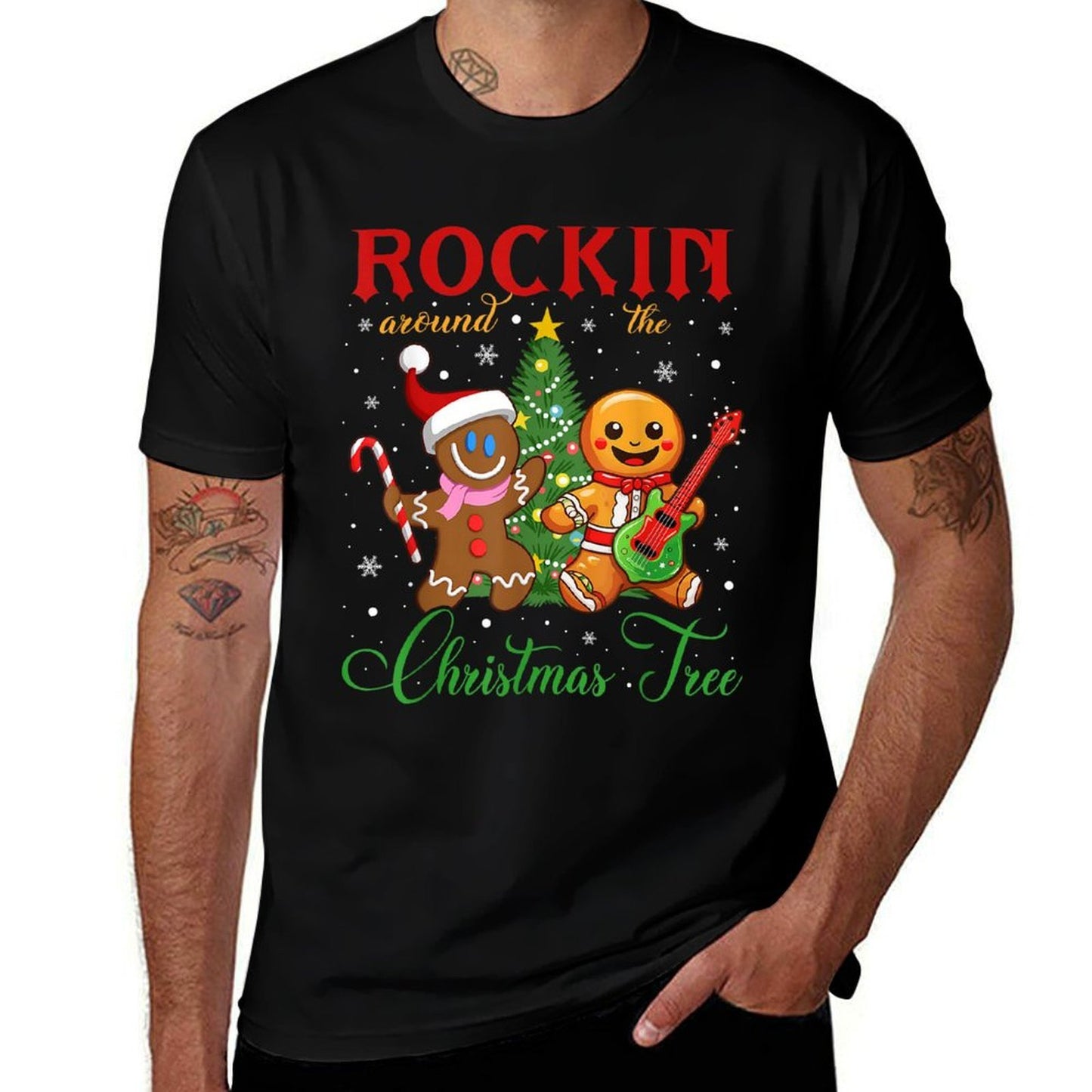 Rocking Around The Christmas Tree Gingerbread Rock  Roll  Fade-proof Color T-Shirt