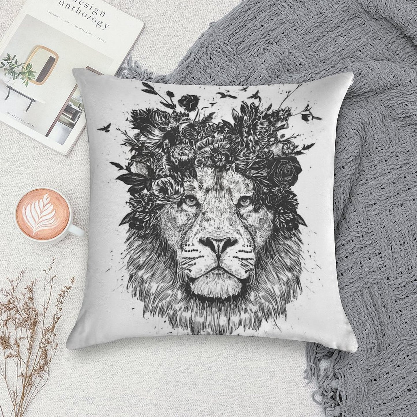 Floral Lion (bw) Soft Bedroom Essential Throw Pillow