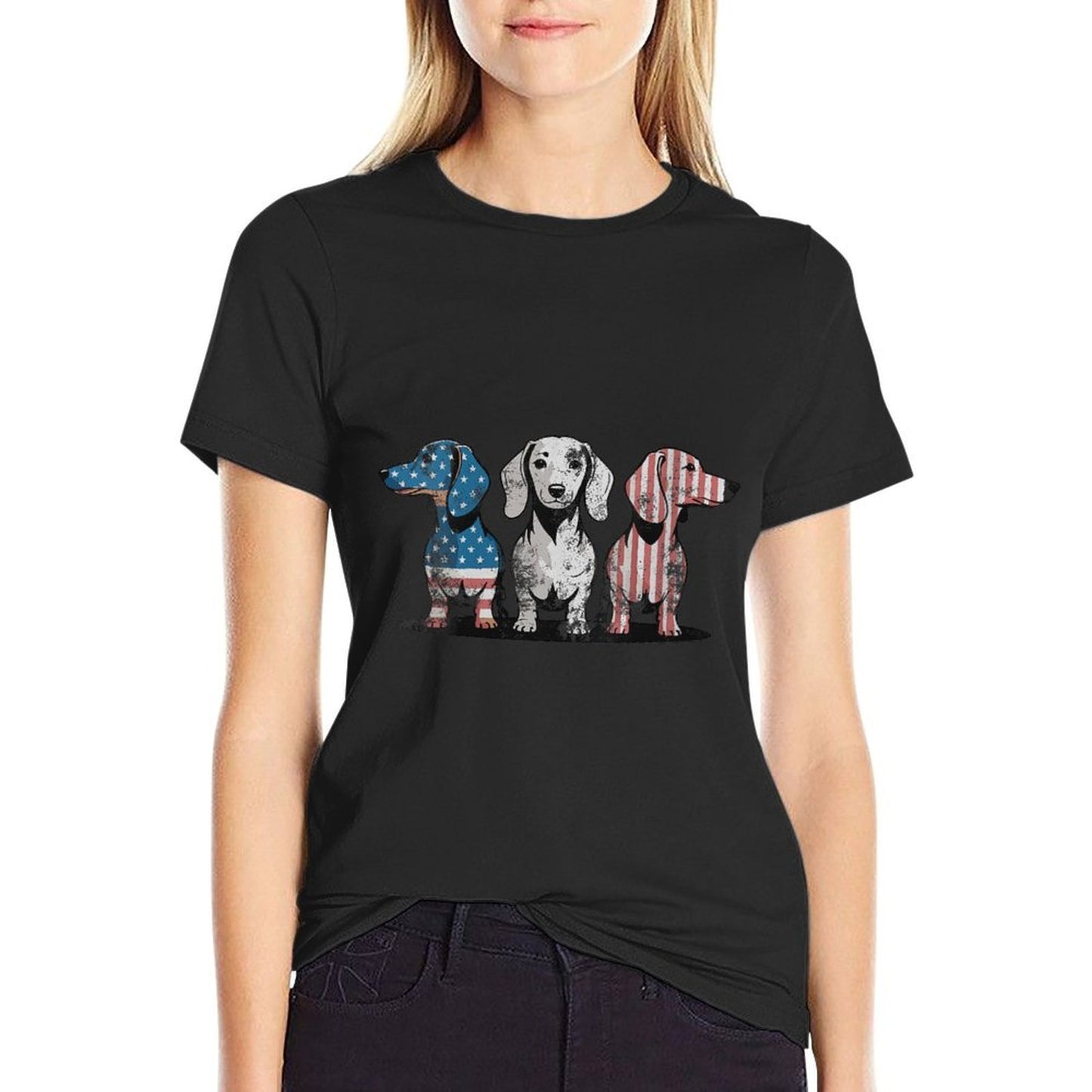 Womens Patriotic Dachshund Dog USA Sunglasses 4th of July  Relaxed-fit T-Shirt
