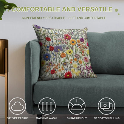 Embroidered Wildflowers Soft High-Density Material Throw Pillow