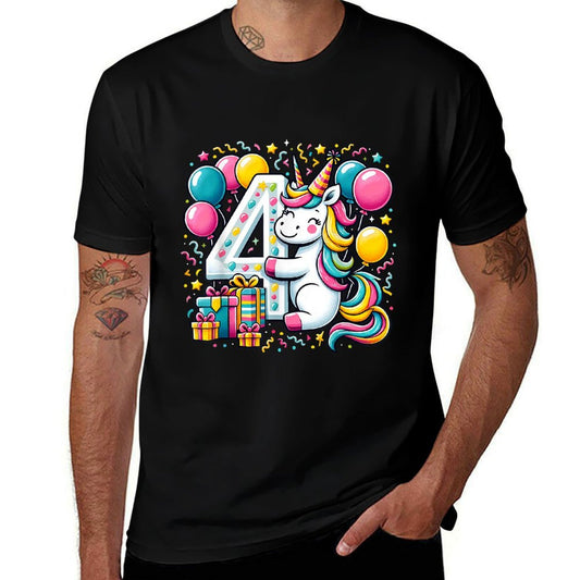 Unicorn 4th Birthday Boy Girl 4 Year Old Fourth Four Unicorn  Summer-ready Fabric T-Shirt
