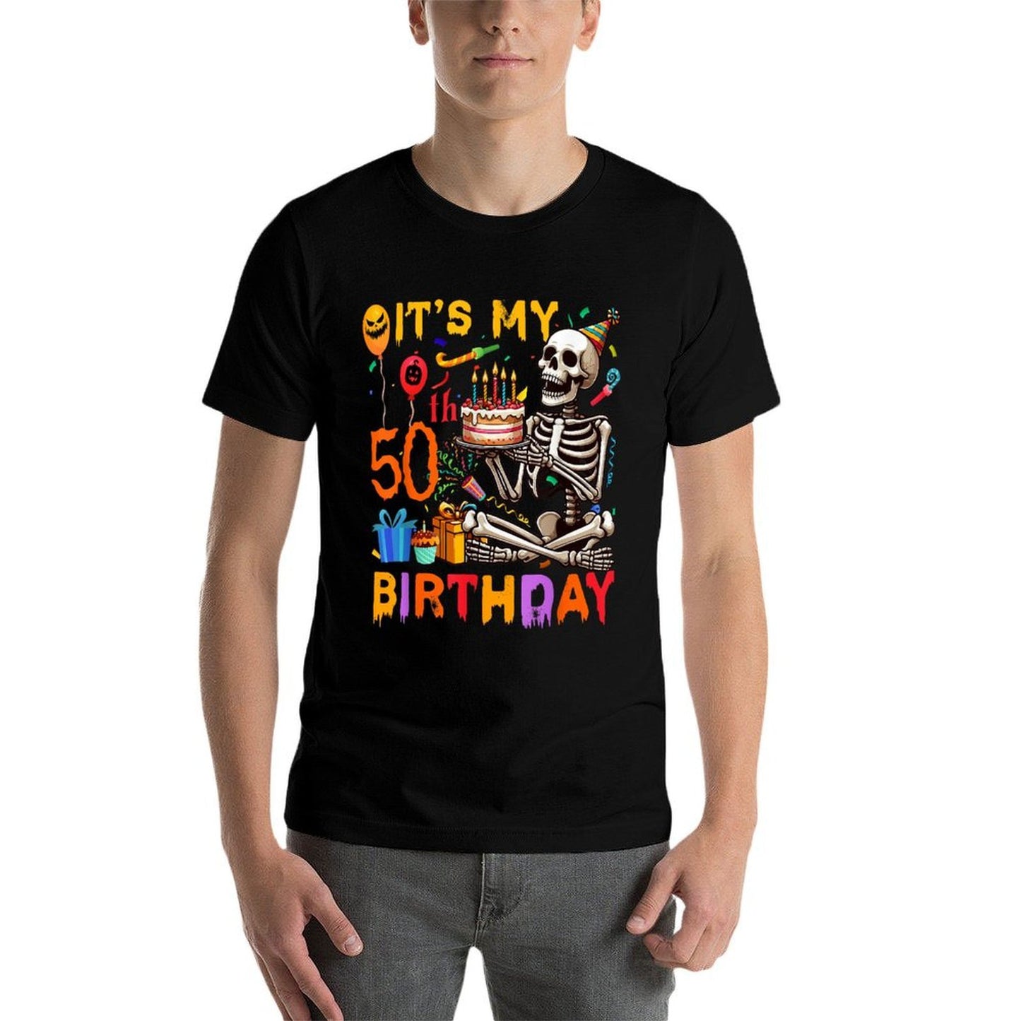 It's My 50th Birthday Halloween Skeleton Matching Party  Ribbed Collar T-Shirt