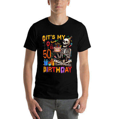 It's My 50th Birthday Halloween Skeleton Matching Party  Ribbed Collar T-Shirt