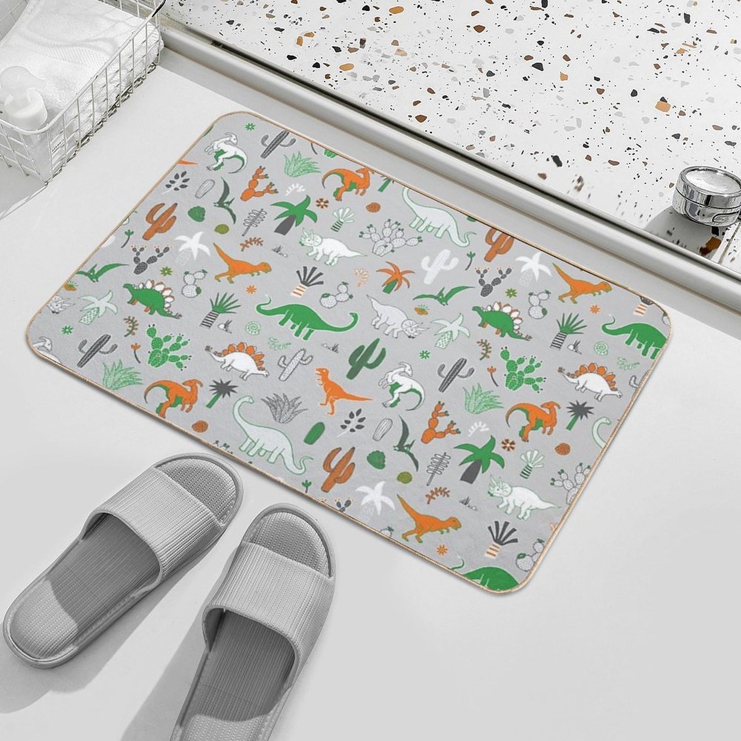 Dinosaur Desert - Green And Orange on Grey - Fun Pattern by Cecca Designs  Eco-Friendly Bath Mat