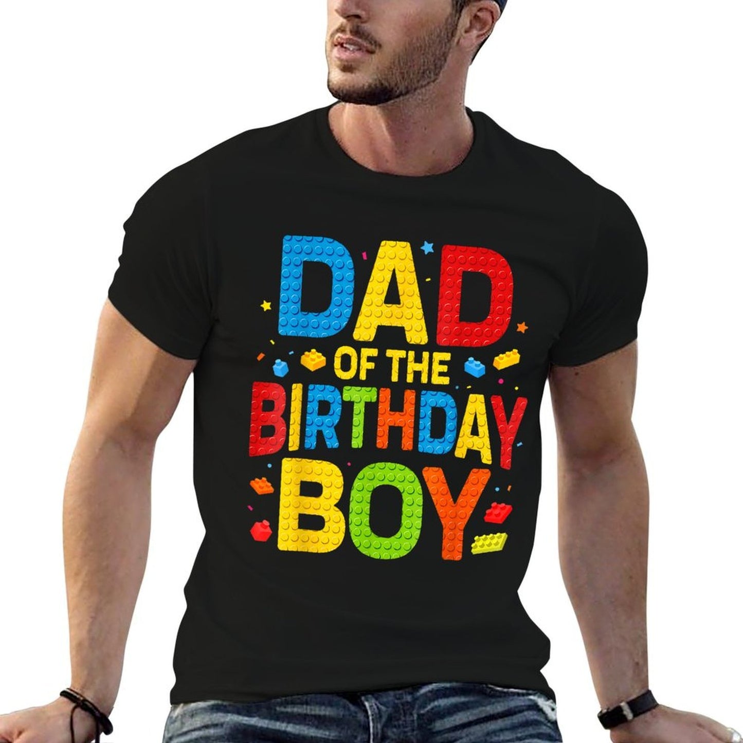 Birthday Party Dad Of The Birthday Boy Building Block  Ribbed Collar T-Shirt