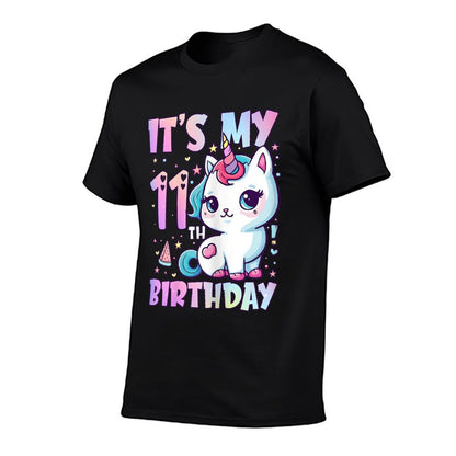 11th Birthday Girls 11 Year Old Cat Unicorn Birthday  Rolled Sleeves T-Shirt