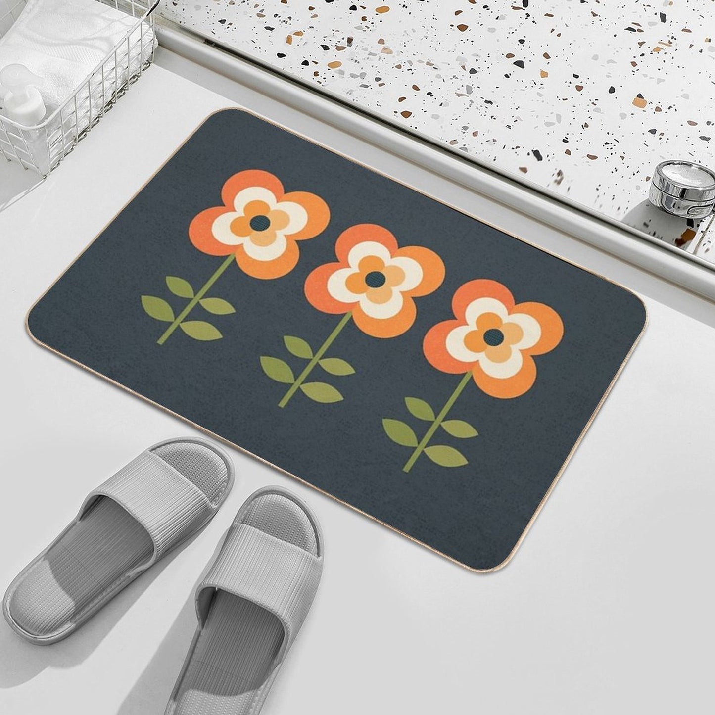 Retro Flower - Orange And Charcoal  Pet-Safe Bath Mat