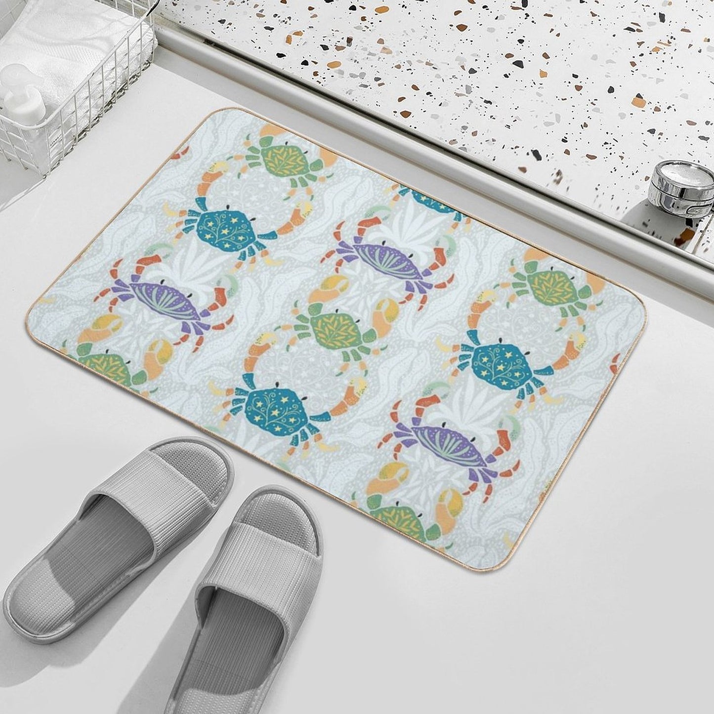 Colorful Crabs' Seaweed Parade [blue]  Easy To Clean Bath Mat