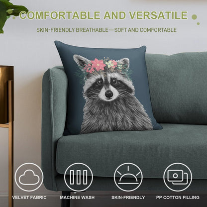 Raccoon Floral Crown Flowers Funny Cute Animal Raccoon Gift Soft Luxury Feel Throw Pillow