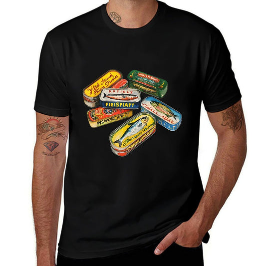 90s Sardine Tins Anchovy Canned Fish Unisex-Adult Black Small Sardine Tin Pattern Crew Neck Lightweight Straight Fit  Slim-fit Cut T-Shirt