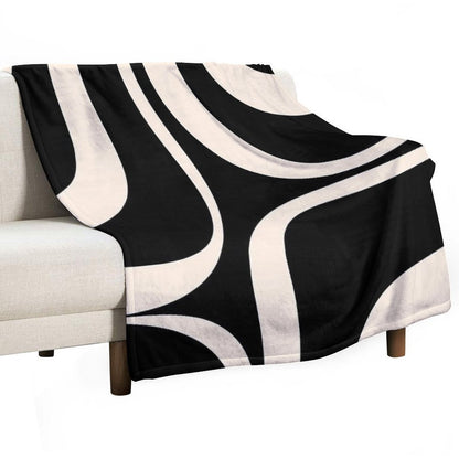Retro Groove Abstract Minimal Pattern Black And Almond Cream Machine-washable Throw Blanket