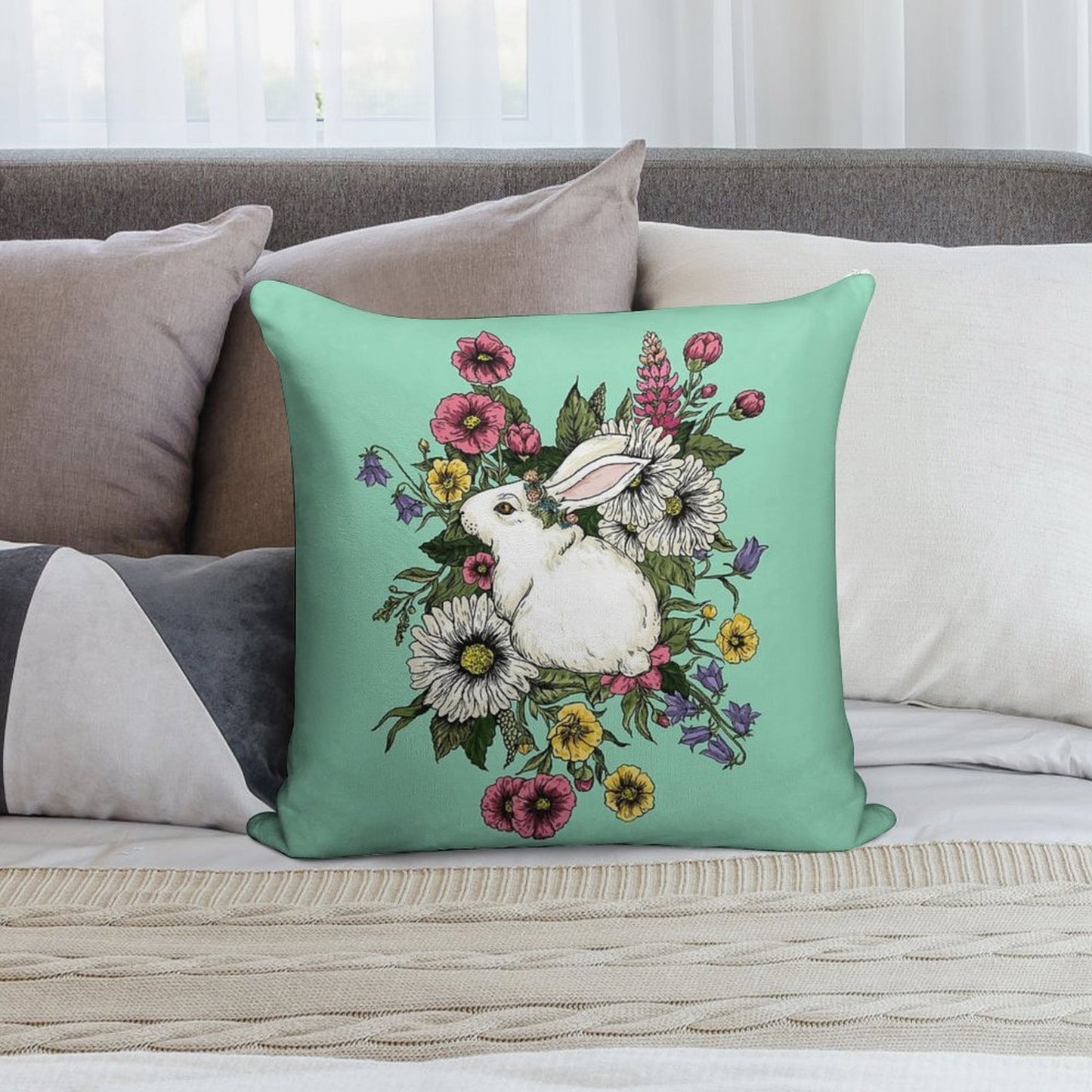 Rabbit in Flowers Soft Ultra-Soft Texture Throw Pillow