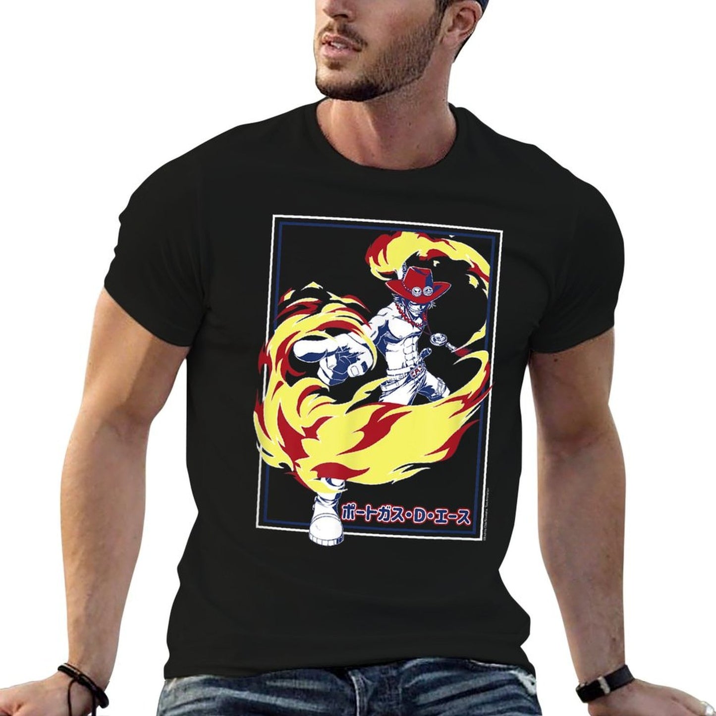 One Piece Anime Fire Fist Ace Frame  Wrinkle-resistant T-Shirt