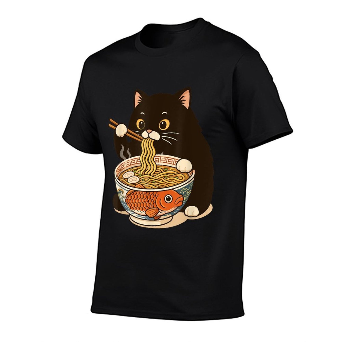 Fat Cat Ramen Anime Meme Eating Noodles Kawaii  High-quality Stitching T-Shirt