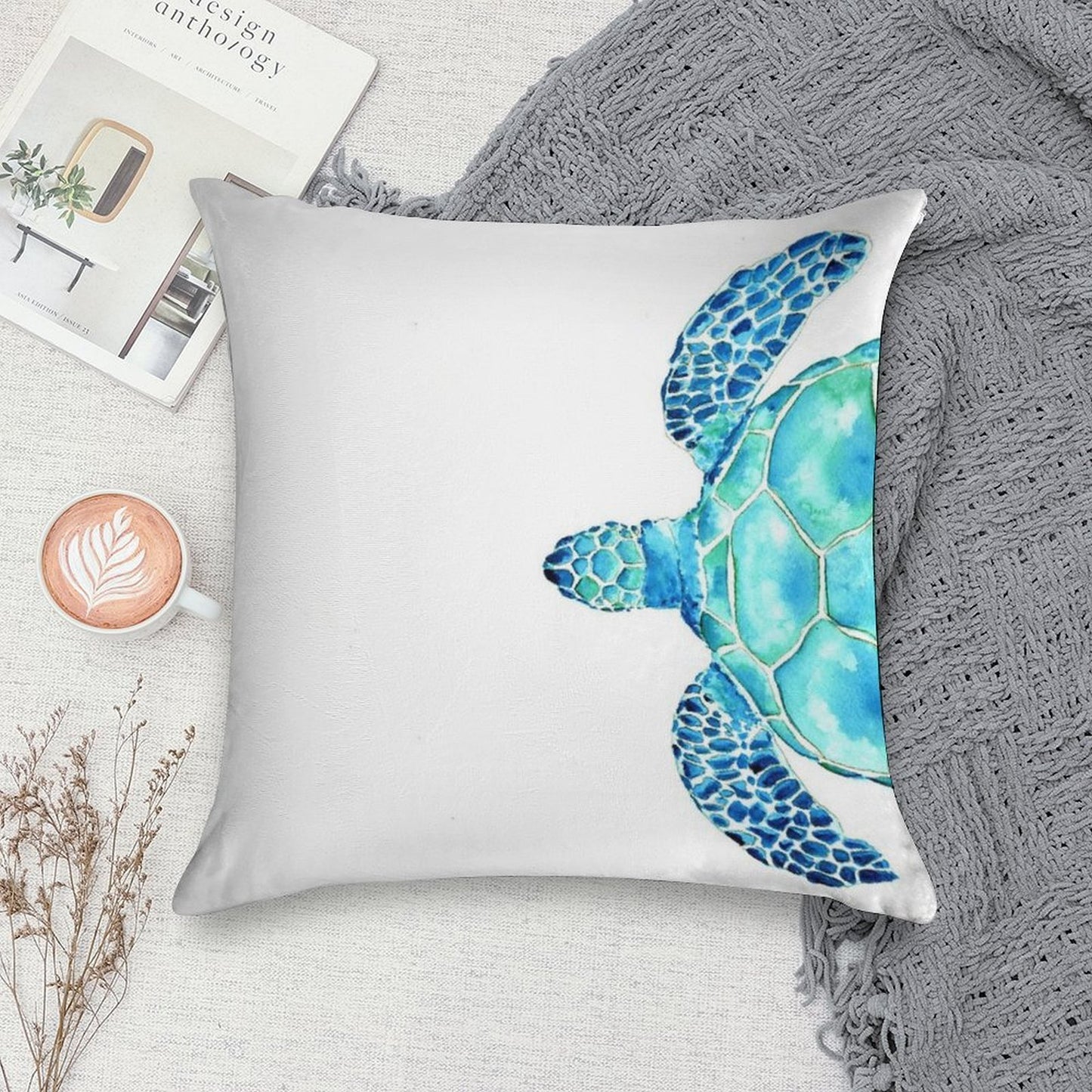 Coastal. Sea Turtle. Watercolor Painting. Soft Fade-Resistant Throw Pillow