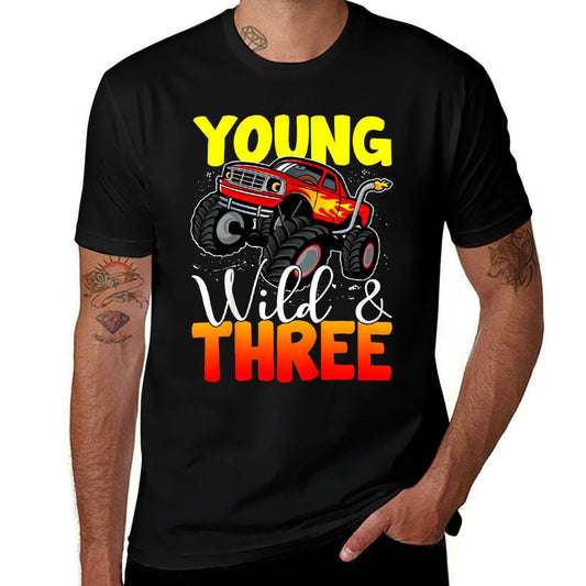 Kids Young Wild Three 3rd Birthday Boy Monster Truck 3 Years Old  Ribbed Collar T-Shirt