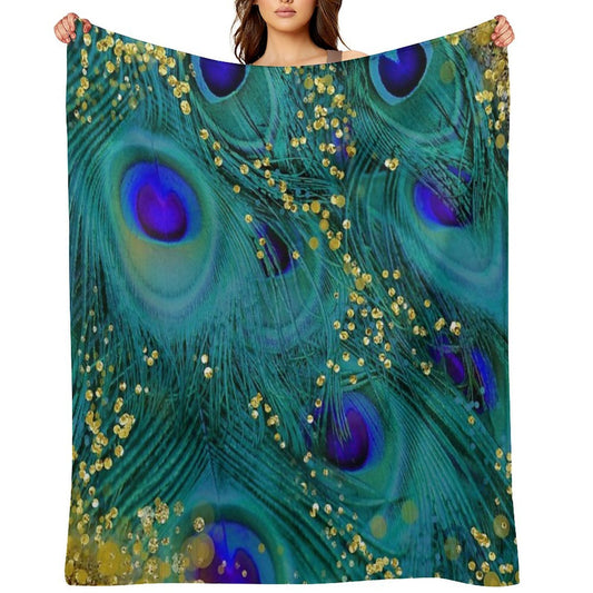 Dreamy Peacock Feathers, Teal And Purple, Glimmering Gold Travel-friendly Throw Blanket