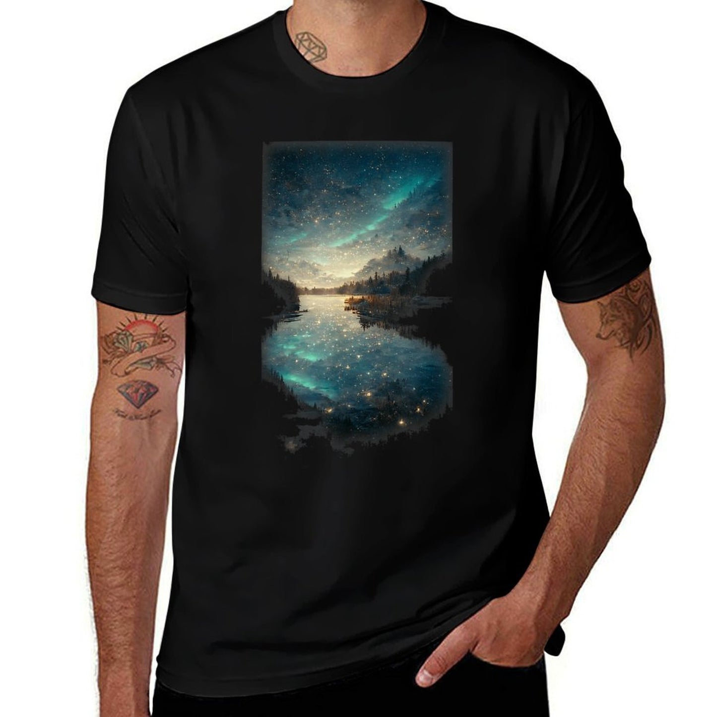 Beautiful Landscape Lake Starry A Night Northern Lights  Trendy Pattern T-Shirt