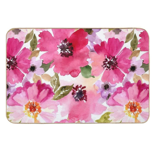Watercolor Flowers Pink Fuchsia  Fade-Resistant Bath Mat