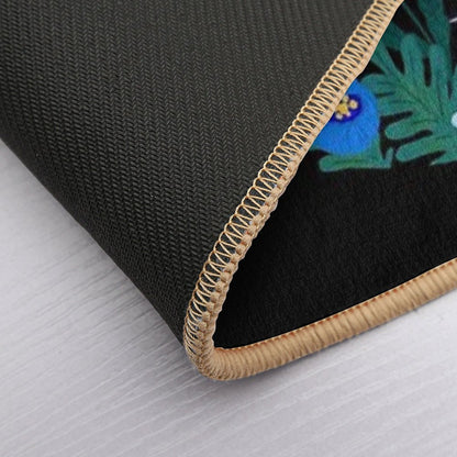 Blue Flower Black Cat  Easy To Clean Bath Mat